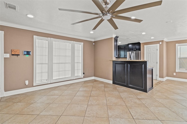 807 Birch Dr, Pasadena, TX 77503 - unfurnished living room with light tile patterned floors, ceiling fan, recessed lighting, crown molding, and baseboards