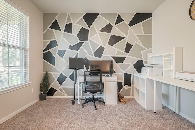 office featuring light carpet and baseboards