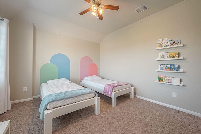 bedroom featuring carpet floors, visible vents, baseboards, and ceiling fan