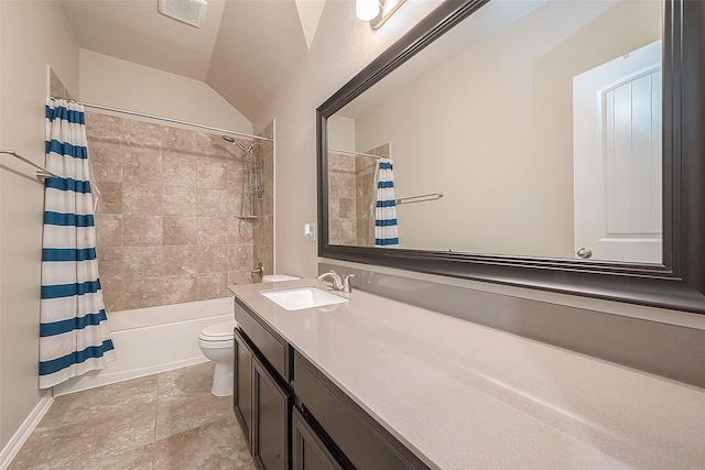 full bathroom featuring toilet, vanity, shower / tub combo with curtain, and visible vents