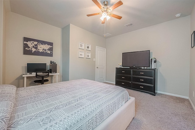carpeted bedroom featuring ceiling fan, baseboards, and visible vents