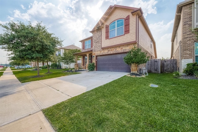 view of front of home featuring an attached garage, a front lawn, concrete driveway, and fence