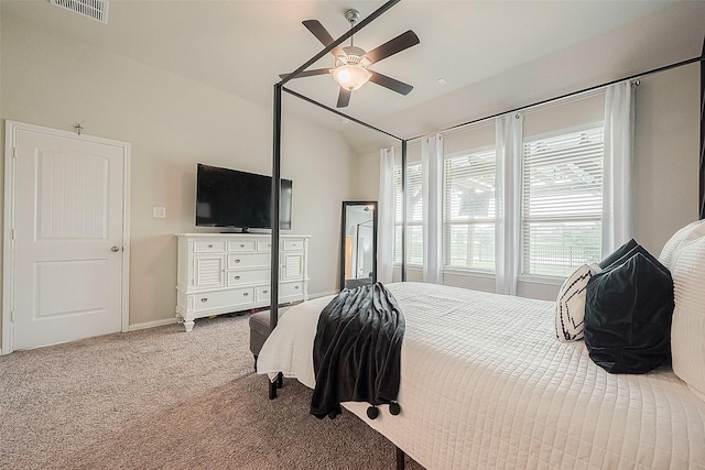 bedroom with vaulted ceiling, a ceiling fan, baseboards, carpet flooring, and visible vents