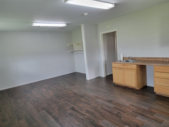 interior space featuring light brown cabinets, baseboards, a sink, and dark wood-type flooring