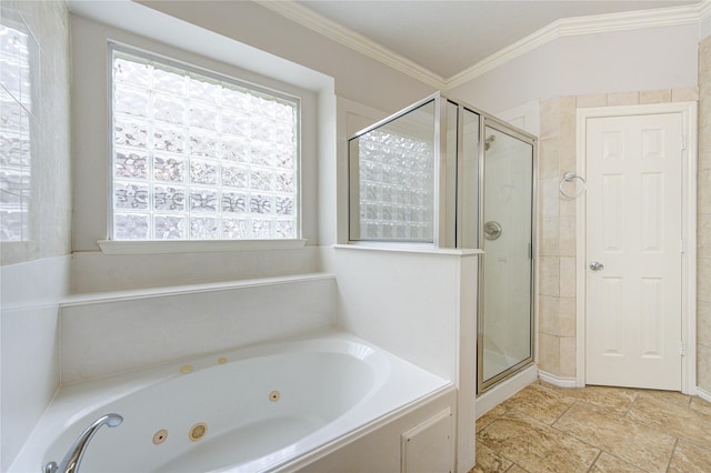 full bathroom with a wealth of natural light, a tub with jets, ornamental molding, and a stall shower