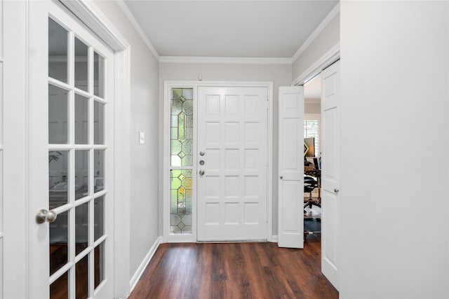 6226 Allentown Dr, Spring, TX 77389 - foyer with baseboards, ornamental molding, and dark wood-style floors