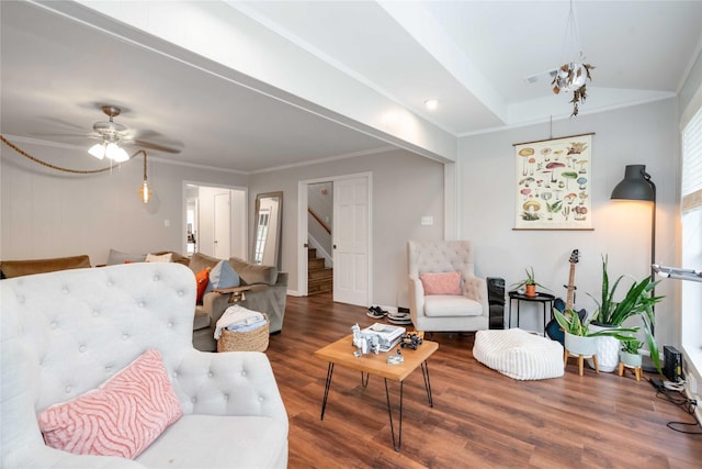 6226 Allentown Dr, Spring, TX 77389 - living room with crown molding, stairway, wood finished floors, and a ceiling fan