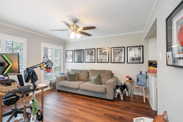 6226 Allentown Dr, Spring, TX 77389 - living room featuring ceiling fan, ornamental molding, and wood finished floors