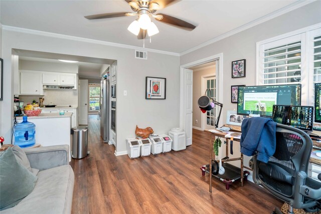 6226 Allentown Dr, Spring, TX 77389 - home office featuring crown molding, visible vents, baseboards, ceiling fan, and dark wood-style floors
