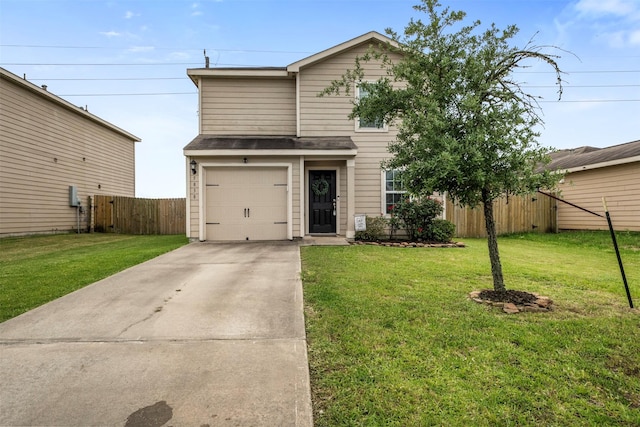 traditional-style home featuring fence, an attached garage, concrete driveway, and a front lawn