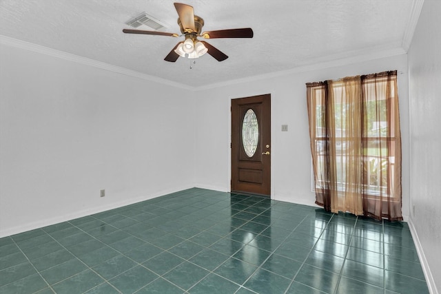 406 Red Ripple Rd, Houston, TX 77091 - entryway featuring dark tile patterned floors, visible vents, ornamental molding, and ceiling fan