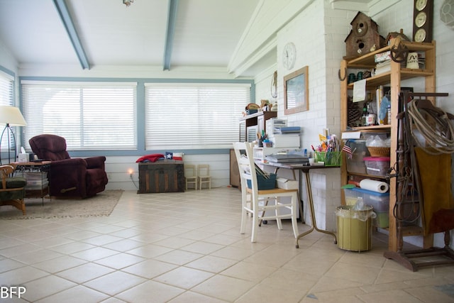 tiled home office featuring plenty of natural light and beam ceiling