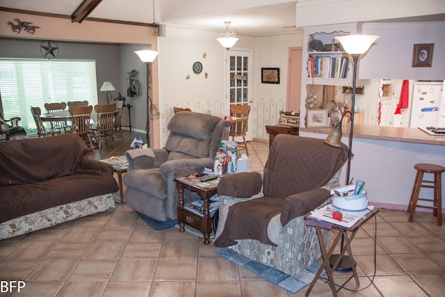 tiled living area featuring crown molding
