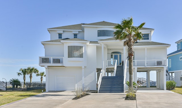 beach home featuring concrete driveway, a garage, a porch, a shingled roof, and stairway