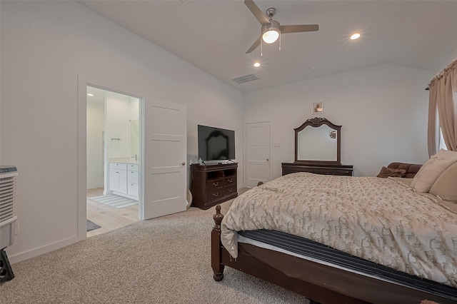 bedroom featuring recessed lighting, vaulted ceiling, visible vents, and light carpet