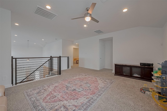 unfurnished room featuring recessed lighting, ceiling fan, visible vents, and light carpet
