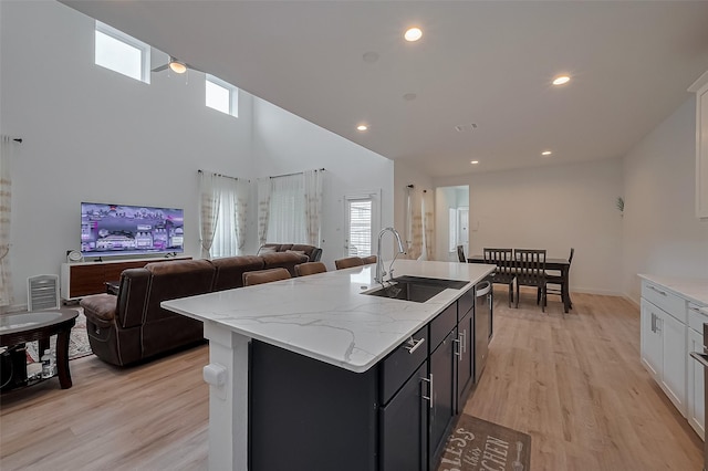 kitchen with light wood finished floors, plenty of natural light, and a sink