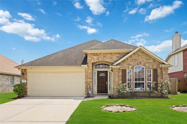ranch-style home with concrete driveway, brick siding, a front yard, and a garage