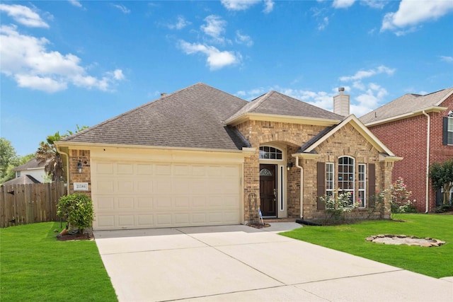 view of front of house with a front lawn, driveway, fence, a garage, and brick siding