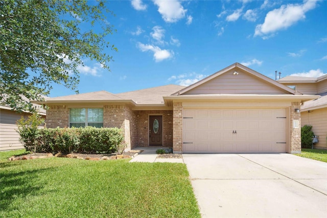 7218 Alava Dr, Magnolia, TX 77354 - single story home featuring brick siding, an attached garage, concrete driveway, and a front lawn
