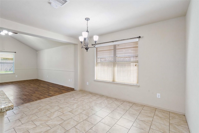 7218 Alava Dr, Magnolia, TX 77354 - empty room with a chandelier, lofted ceiling, light wood-style flooring, and a ceiling fan