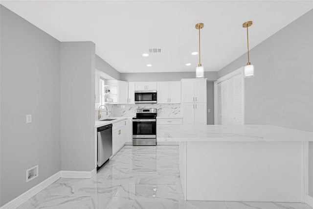 kitchen featuring open shelves, marble finish floor, recessed lighting, white cabinets, and stainless steel appliances