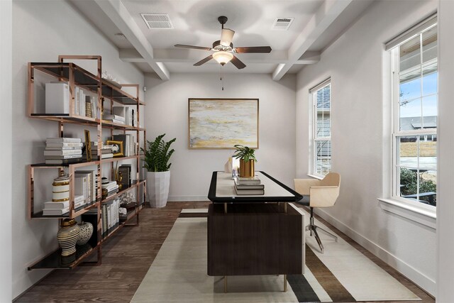 1406 Amber Cv, Willis, TX 77378 - office area with ceiling fan, beamed ceiling, baseboards, and wood finished floors