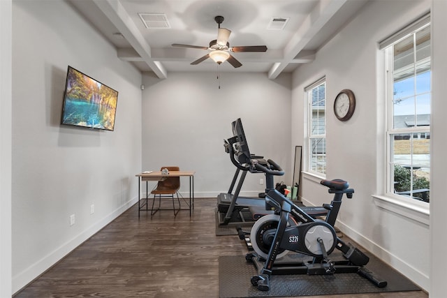 1406 Amber Cv, Willis, TX 77378 - exercise room with a ceiling fan, dark wood-style floors, and baseboards