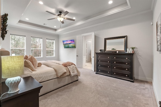 1406 Amber Cv, Willis, TX 77378 - bedroom with a tray ceiling, carpet floors, ornamental molding, recessed lighting, and baseboards