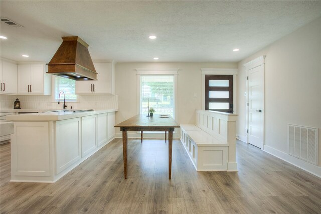 kitchen with backsplash, visible vents, light wood finished floors, and custom exhaust hood
