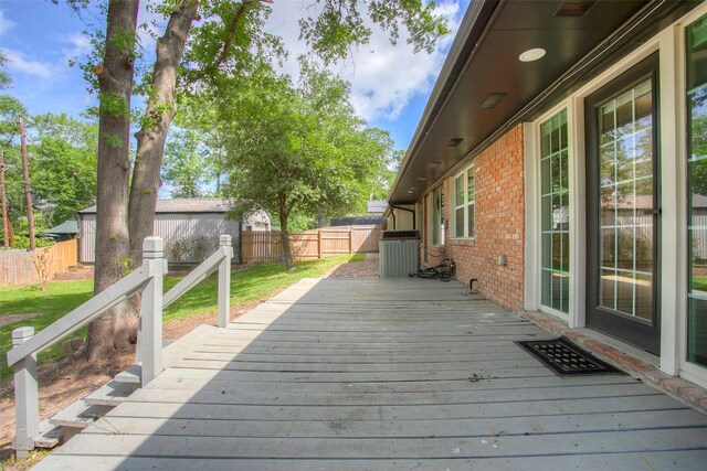 wooden deck with a lawn and a fenced backyard
