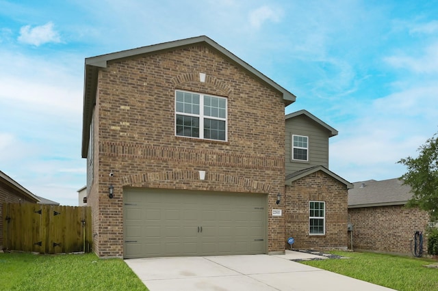 view of front of property with an attached garage, driveway, brick siding, and fence