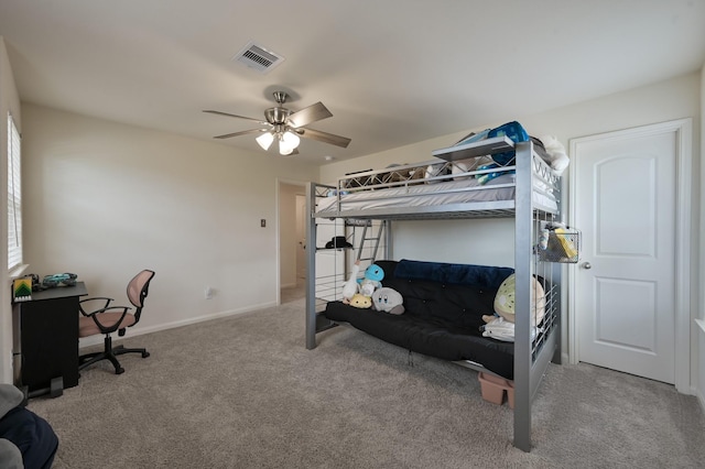 bedroom featuring baseboards, visible vents, carpet, and ceiling fan