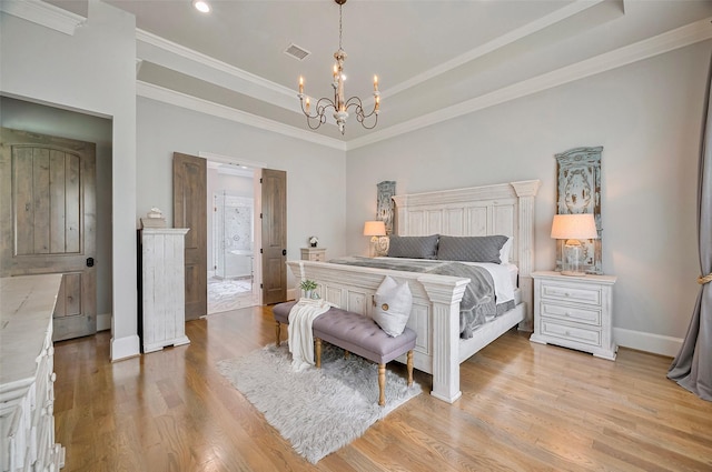 bedroom with a raised ceiling, a chandelier, light wood-type flooring, crown molding, and baseboards