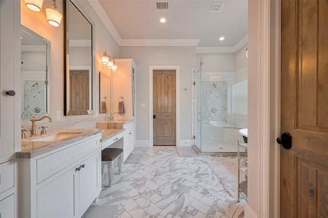 full bath with a stall shower, crown molding, marble finish floors, vanity, and baseboards