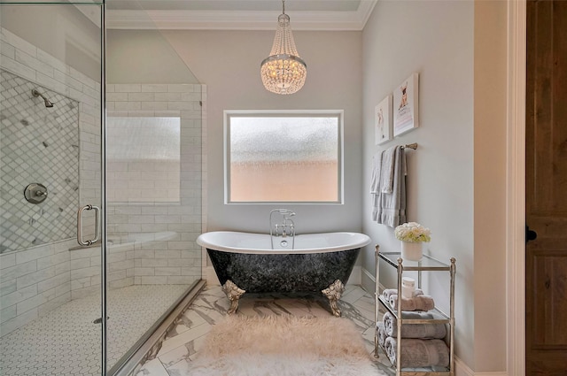full bathroom with a soaking tub, crown molding, a stall shower, a chandelier, and baseboards