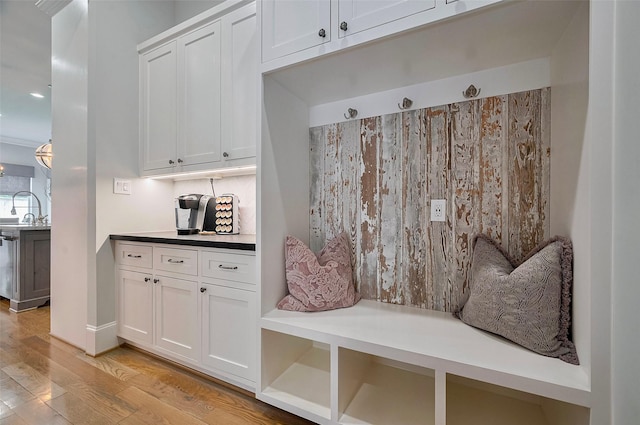 mudroom with light wood-type flooring and a sink