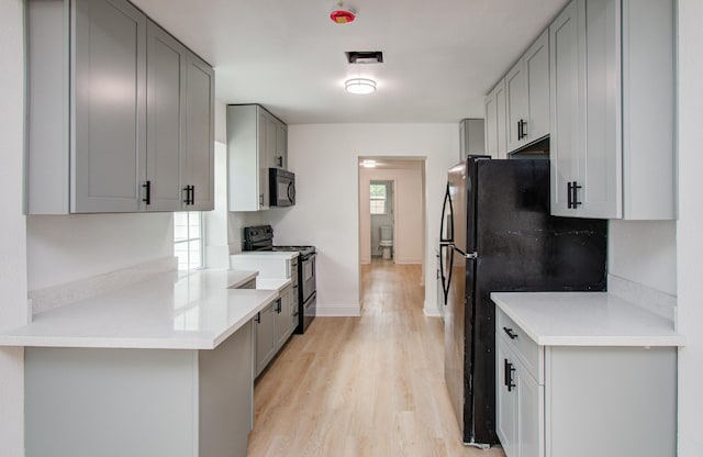 kitchen with light wood-style floors, a wealth of natural light, gray cabinetry, and black appliances