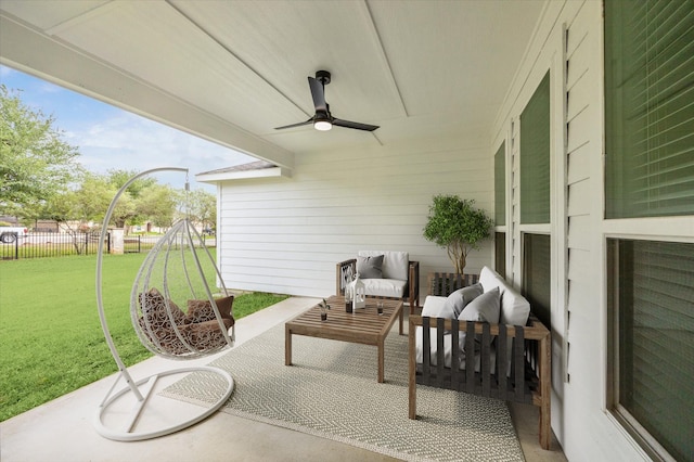 22702 Crate Falls Dr, Hockley, TX 77447 - view of patio featuring fence, ceiling fan, and an outdoor living space