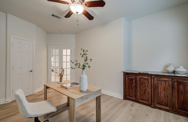 1840 Leela Springs Dr, Conroe, TX 77304 - office with baseboards, light wood-style flooring, visible vents, and ceiling fan