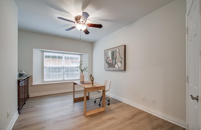 1840 Leela Springs Dr, Conroe, TX 77304 - office with a ceiling fan, baseboards, and light wood-style floors