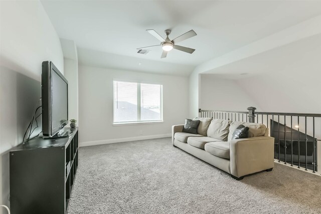 20002 Roan Ardennes Ln, Tomball, TX 77377 - carpeted living area with a ceiling fan, vaulted ceiling, and baseboards