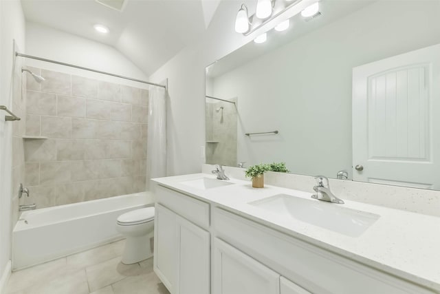 bathroom with shower / tub combo, toilet, tile patterned flooring, and a sink