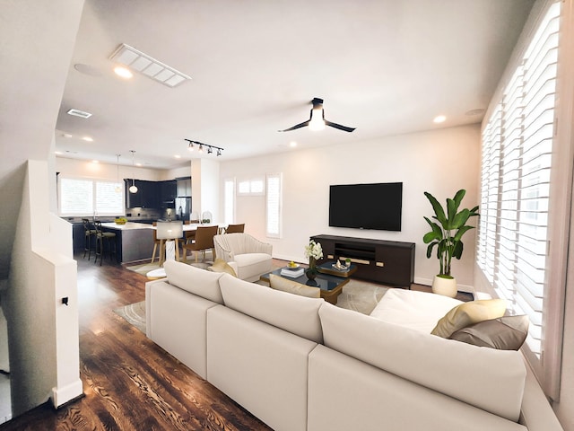 312 Eado Park Cir, Houston, TX 77020 - living room featuring dark wood-style flooring, healthy amount of natural light, a ceiling fan, and recessed lighting