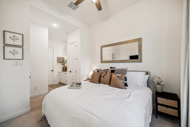 8818 Laurel Crest Dr, Missouri City, TX 77459 - bedroom with carpet flooring, ensuite bathroom, baseboards, visible vents, and ceiling fan