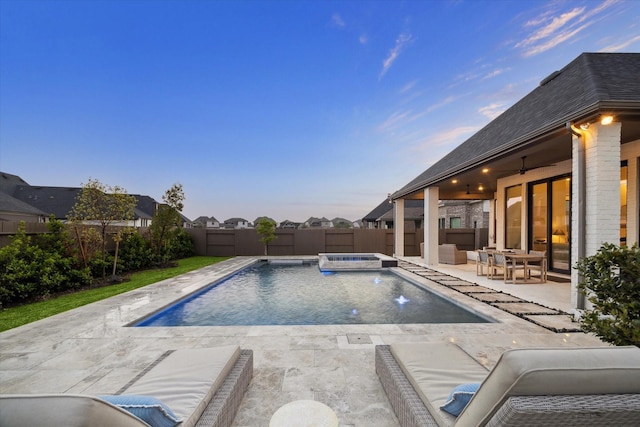8818 Laurel Crest Dr, Missouri City, TX 77459 - view of pool featuring a pool with connected hot tub, a fenced backyard, a patio, and ceiling fan