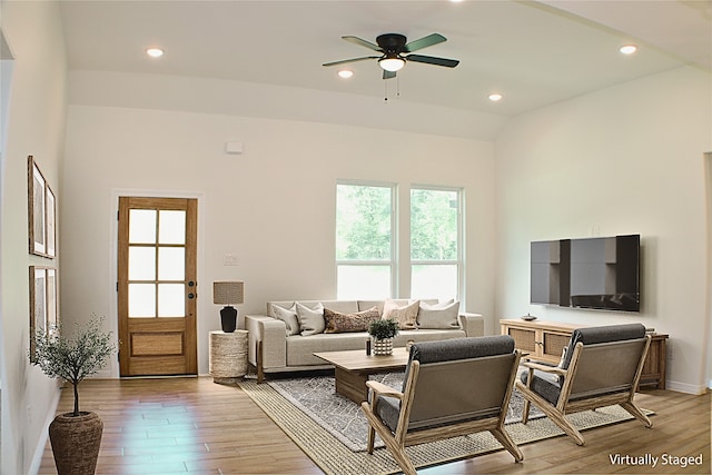 24994 Armagh St, Hempstead, TX 77445 - living room with light wood-style flooring, a ceiling fan, recessed lighting, and baseboards
