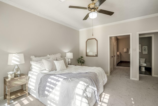 bedroom featuring light colored carpet, ornamental molding, baseboards, and ceiling fan