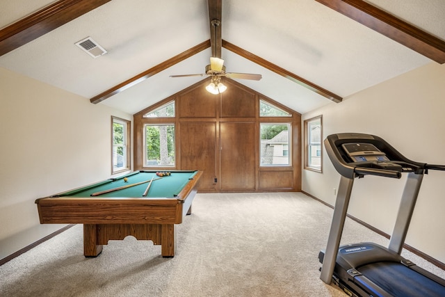 playroom featuring visible vents, ceiling fan, vaulted ceiling with beams, light colored carpet, and pool table
