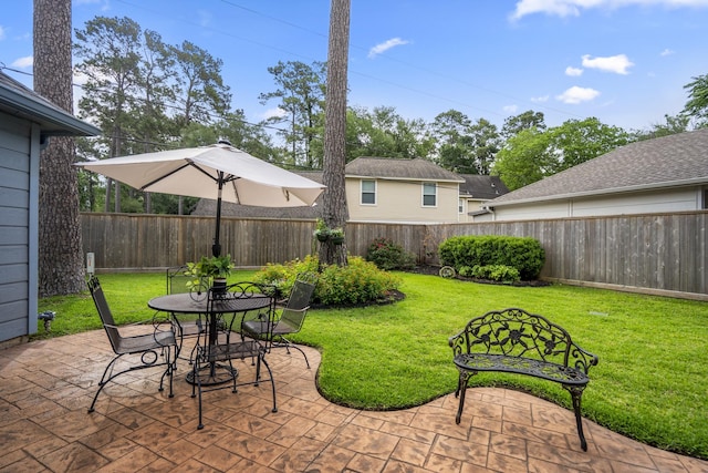 exterior space with a fenced backyard, a patio area, and outdoor dining space